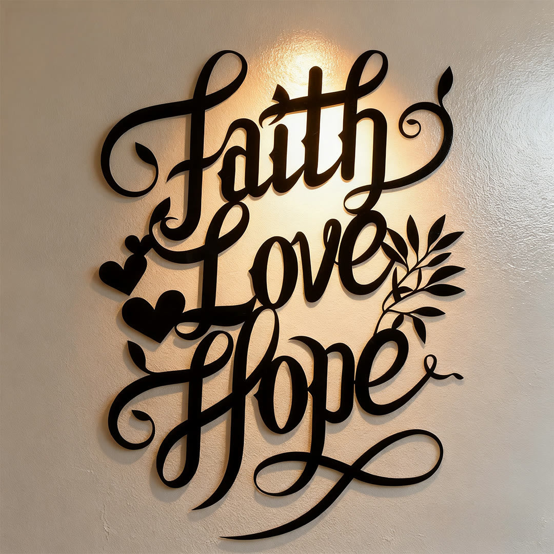 Christian Artwork Workshop Metal Wall Decor: Faith, Love, Hope Script with Heart and Leaf Accents