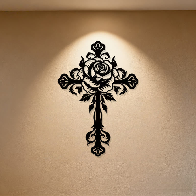 Christian Artwork Workshop Black Metal Wall Decor: Artistic Floral Rose Cross
