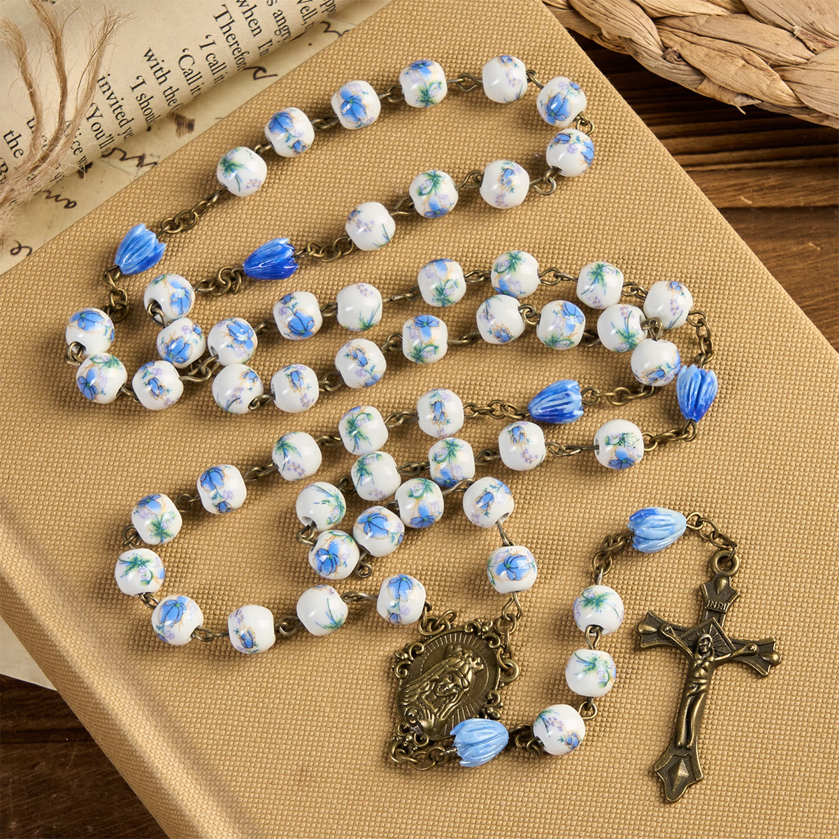 Immaculate Heart of Mary & Crucifix with Floral Rosary