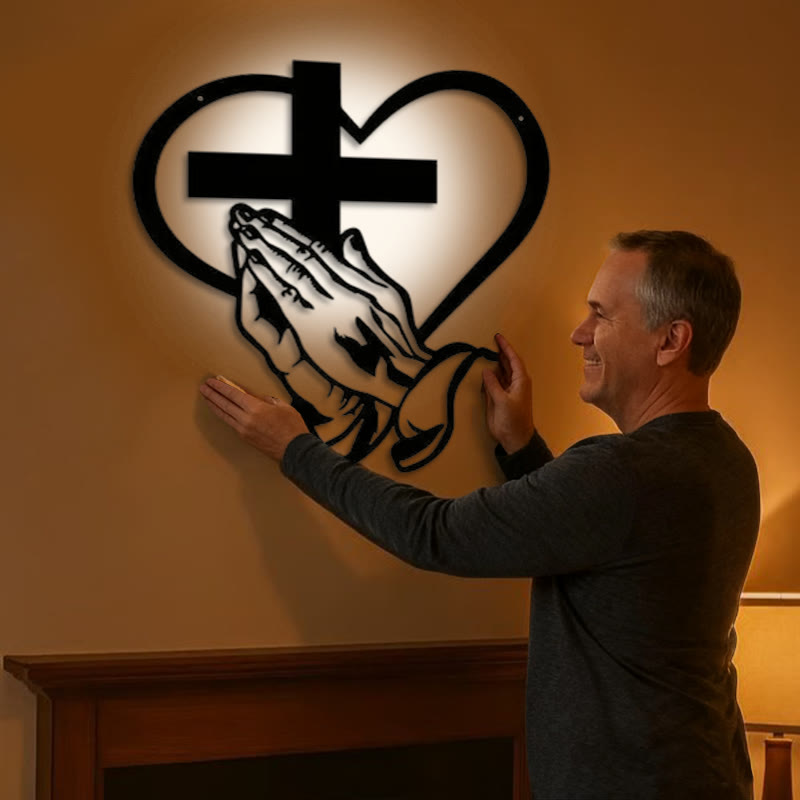 Christian Artwork Workshop Modern Black Metal Wall Decor: Spiritual Praying Hands with Heart and Cross