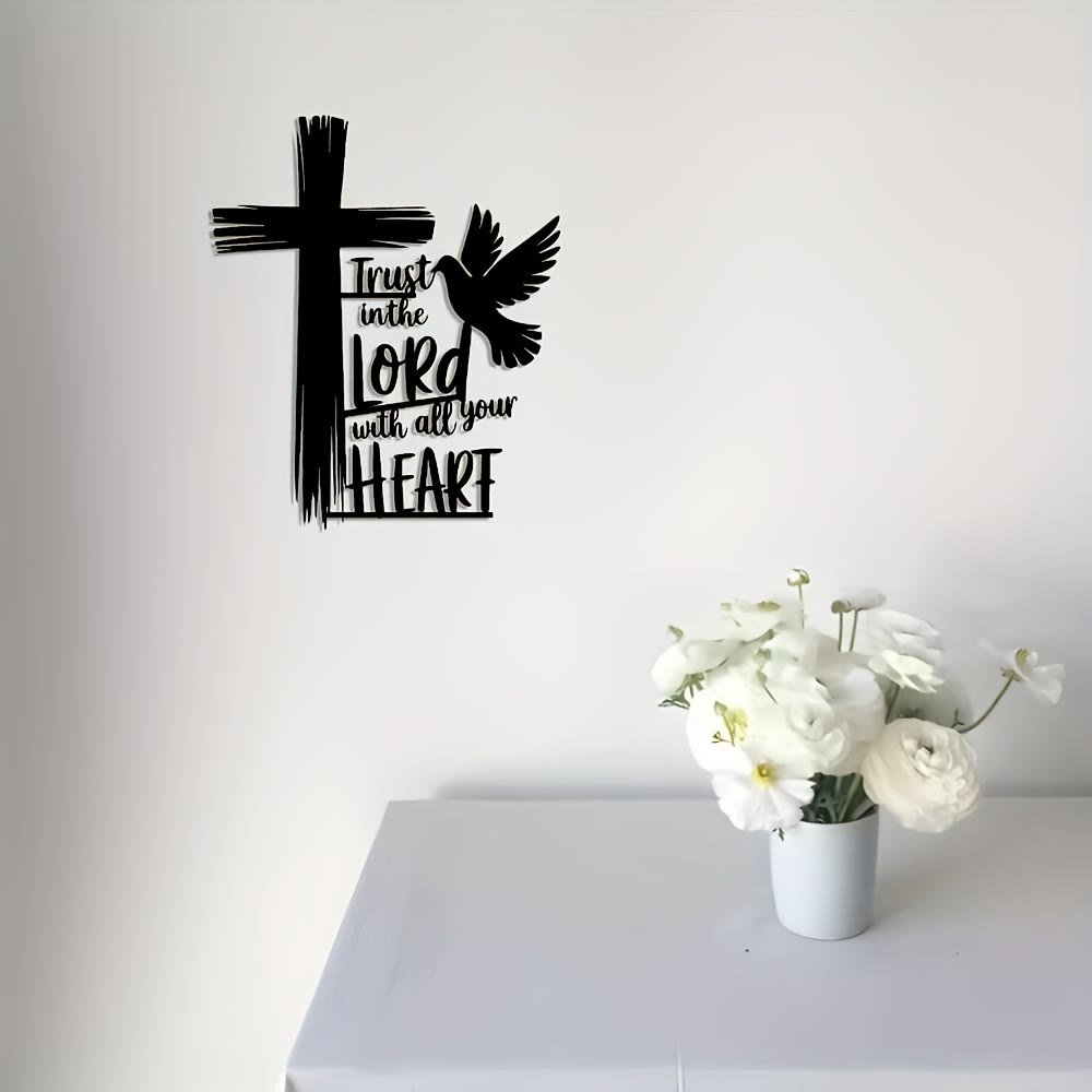 Christian Artwork Workshop Black Metal Cross and Dove Wall Decor Featuring 'Trust in the Lord' Scripture