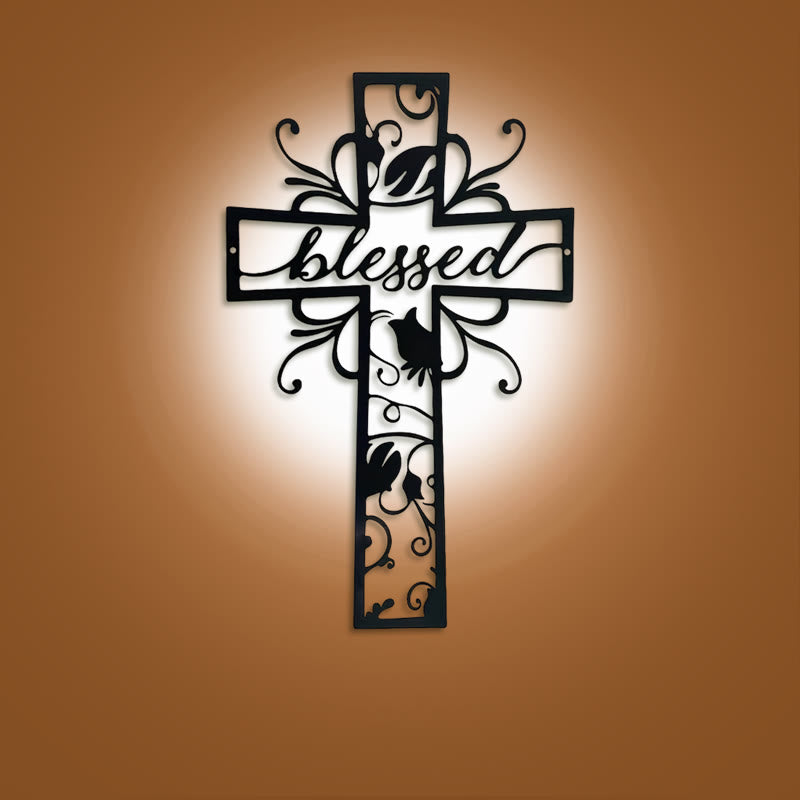 Christian Artwork Workshop Blessed Cross Metal Wall Decor: Floral Design for Homes Filled with Blessings