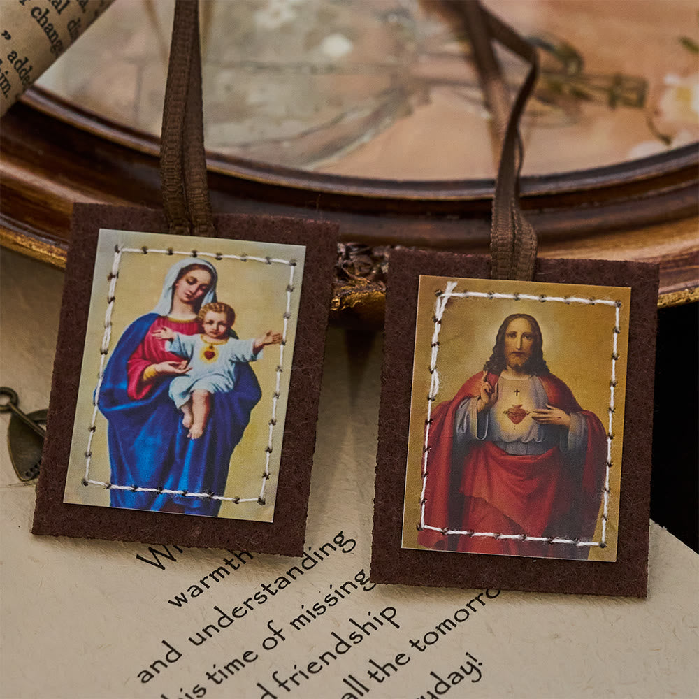 Blessed Brown Wool Scapular of Sacred Heart of Jesus and Virgin Mary