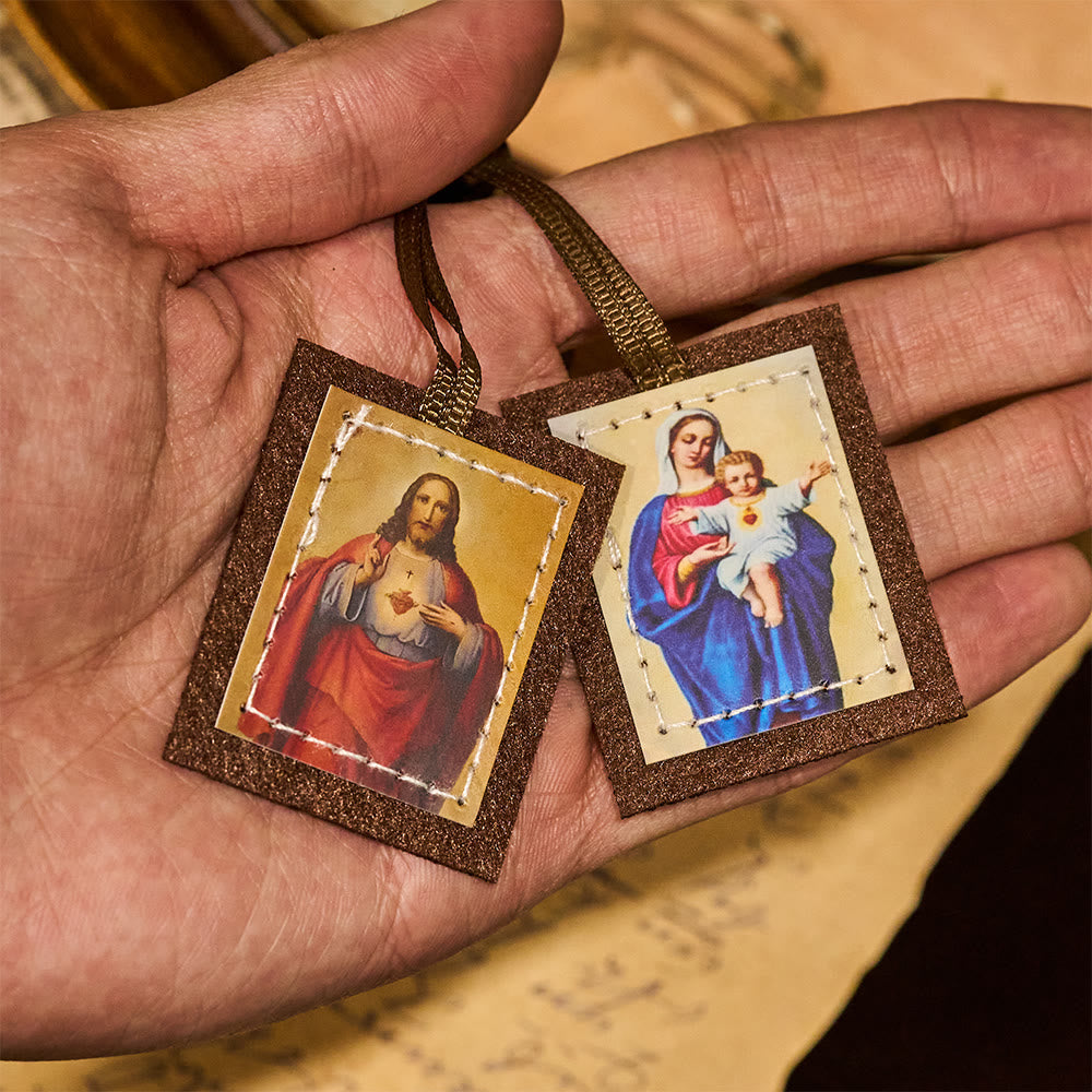 Blessed Brown Wool Scapular of Sacred Heart of Jesus and Virgin Mary