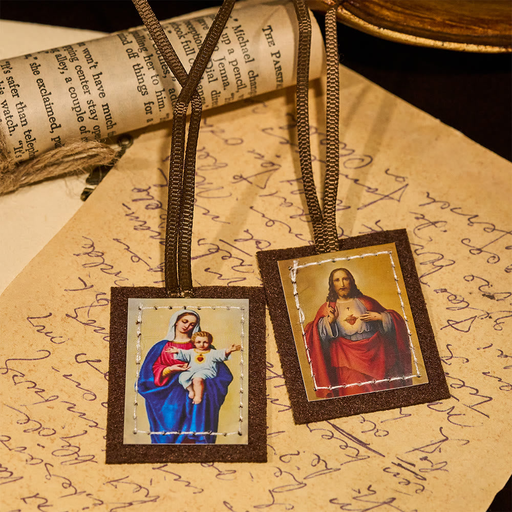 Blessed Brown Wool Scapular of Sacred Heart of Jesus and Virgin Mary