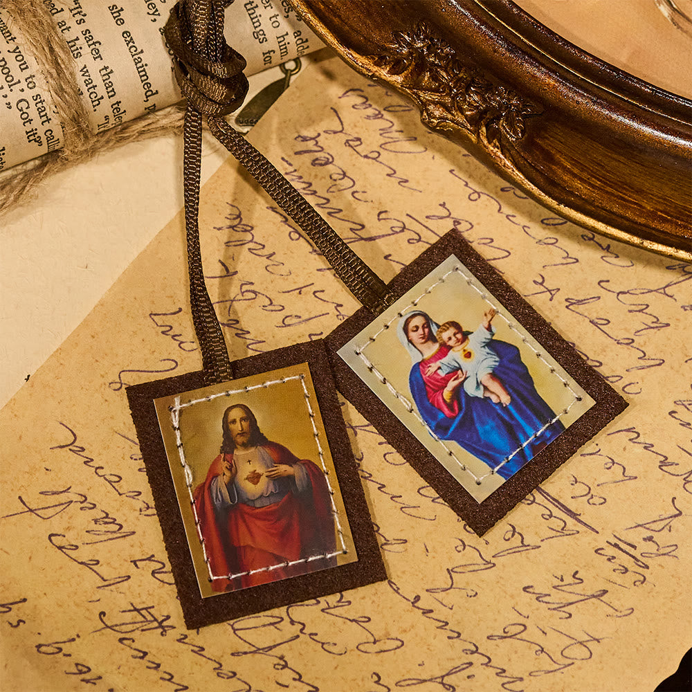 Blessed Brown Wool Scapular of Sacred Heart of Jesus and Virgin Mary