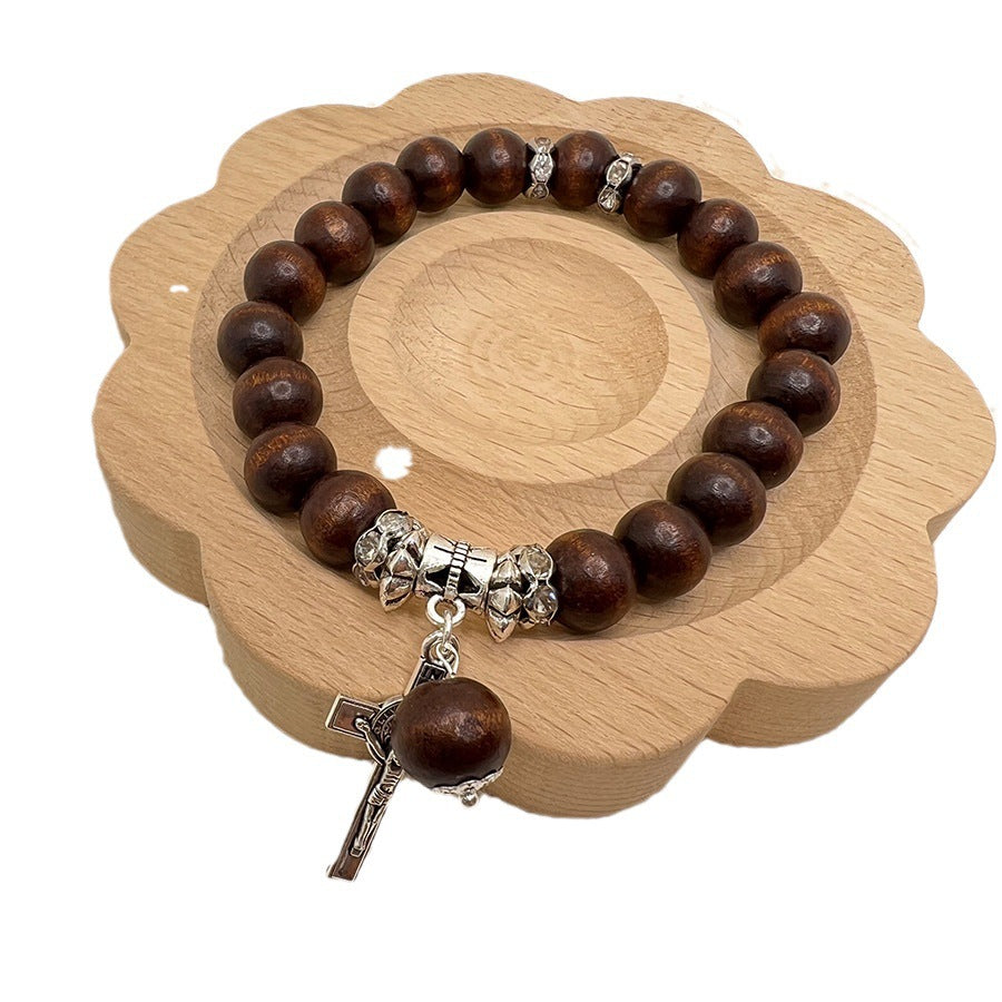 Handmade Wooden Bead Jesus Cross Bracelet