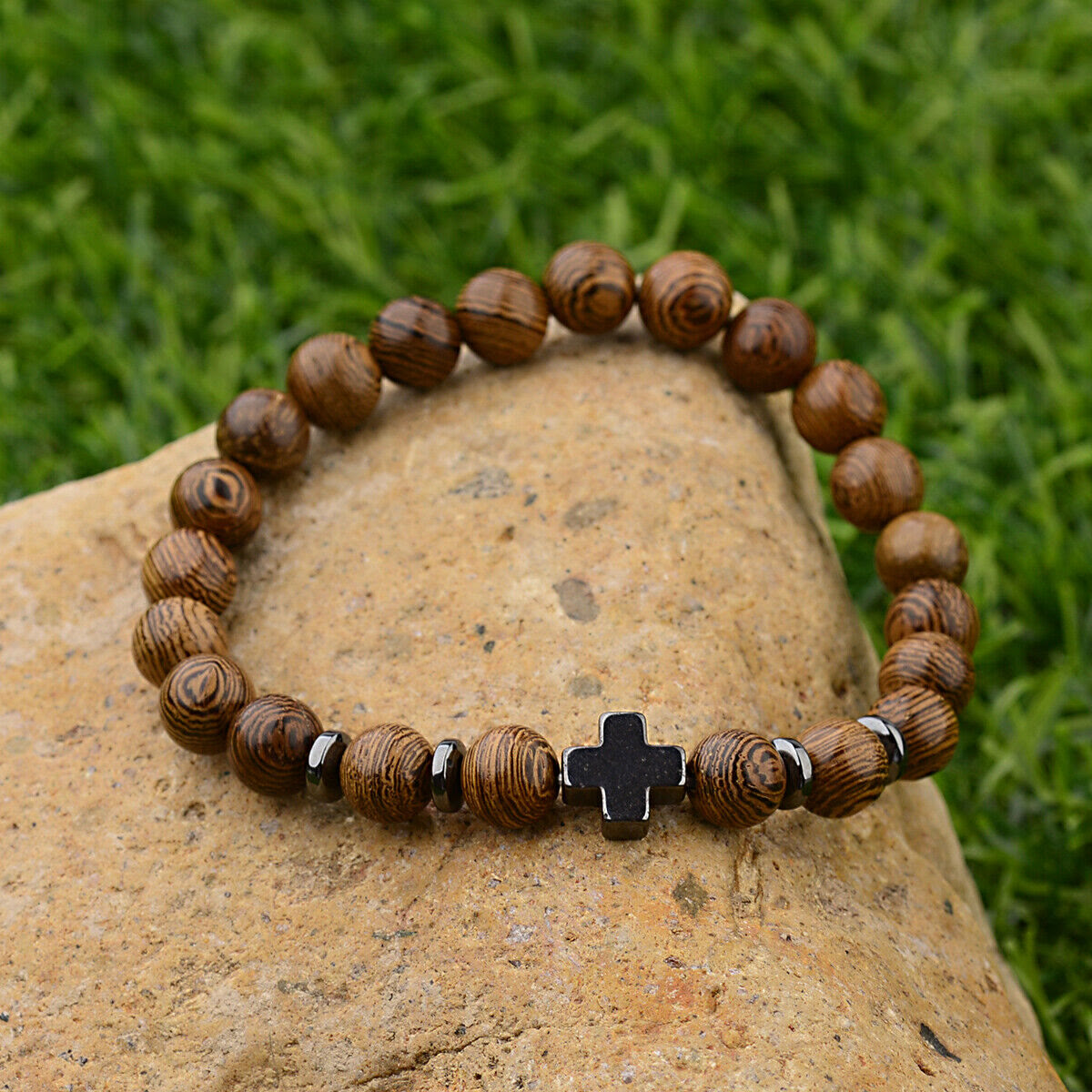 Cross Wooden Bead Bracelet