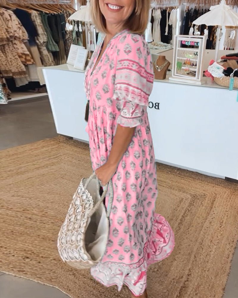 MANA | CHIC FLORAL V-NECK MIDI DRESS