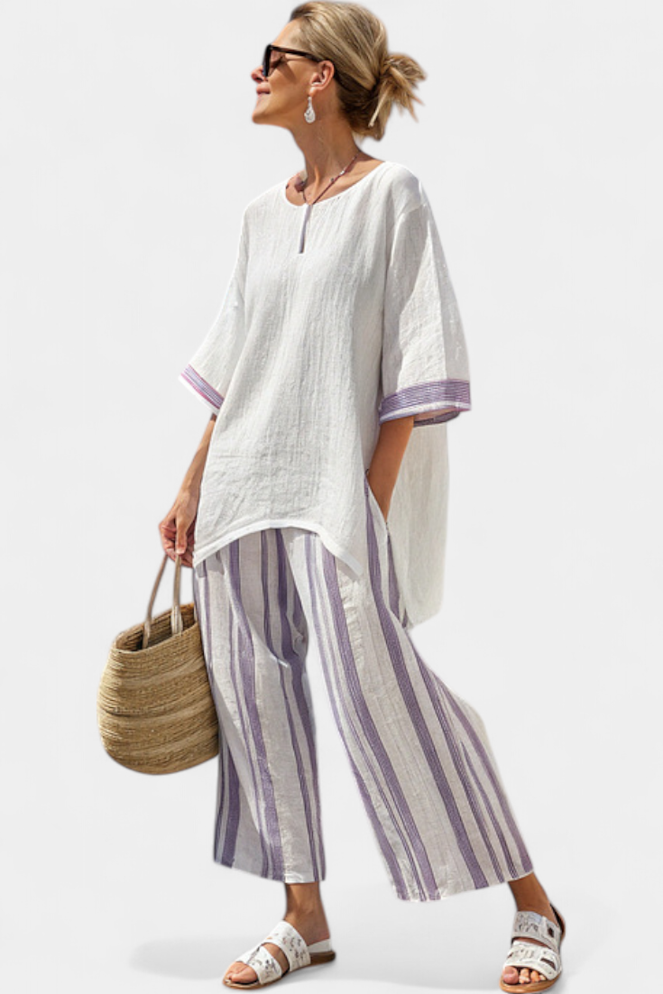 Claire | Lila stripe linen set