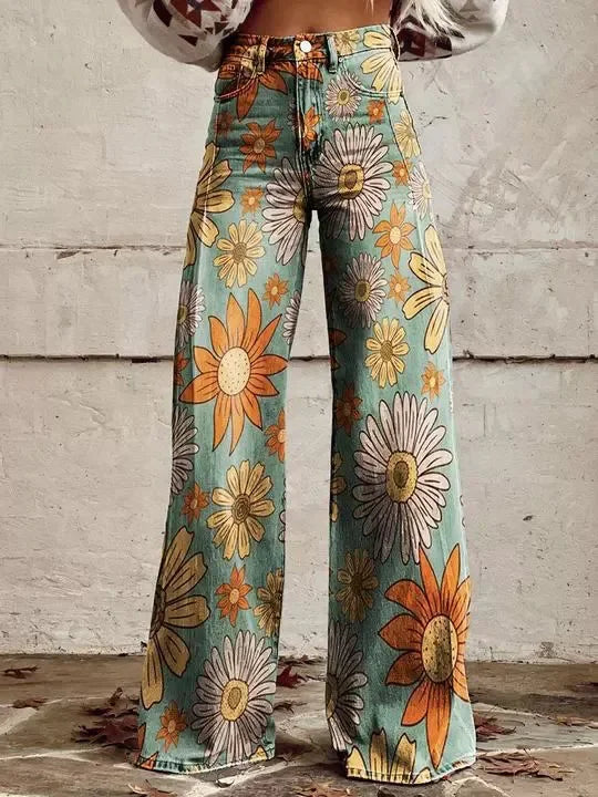 Plus Size Women Wide Leg Pants Faux Denim 3D Printed Flared Trousers Stretch Casual High Waist Fashion Yoga Pants