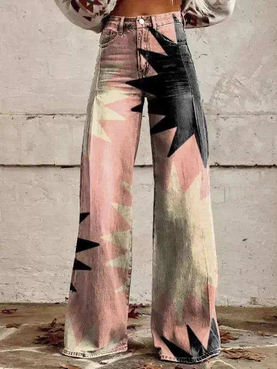 Plus Size Women Wide Leg Pants Faux Denim 3D Printed Flared Trousers Stretch Casual High Waist Fashion Yoga Pants
