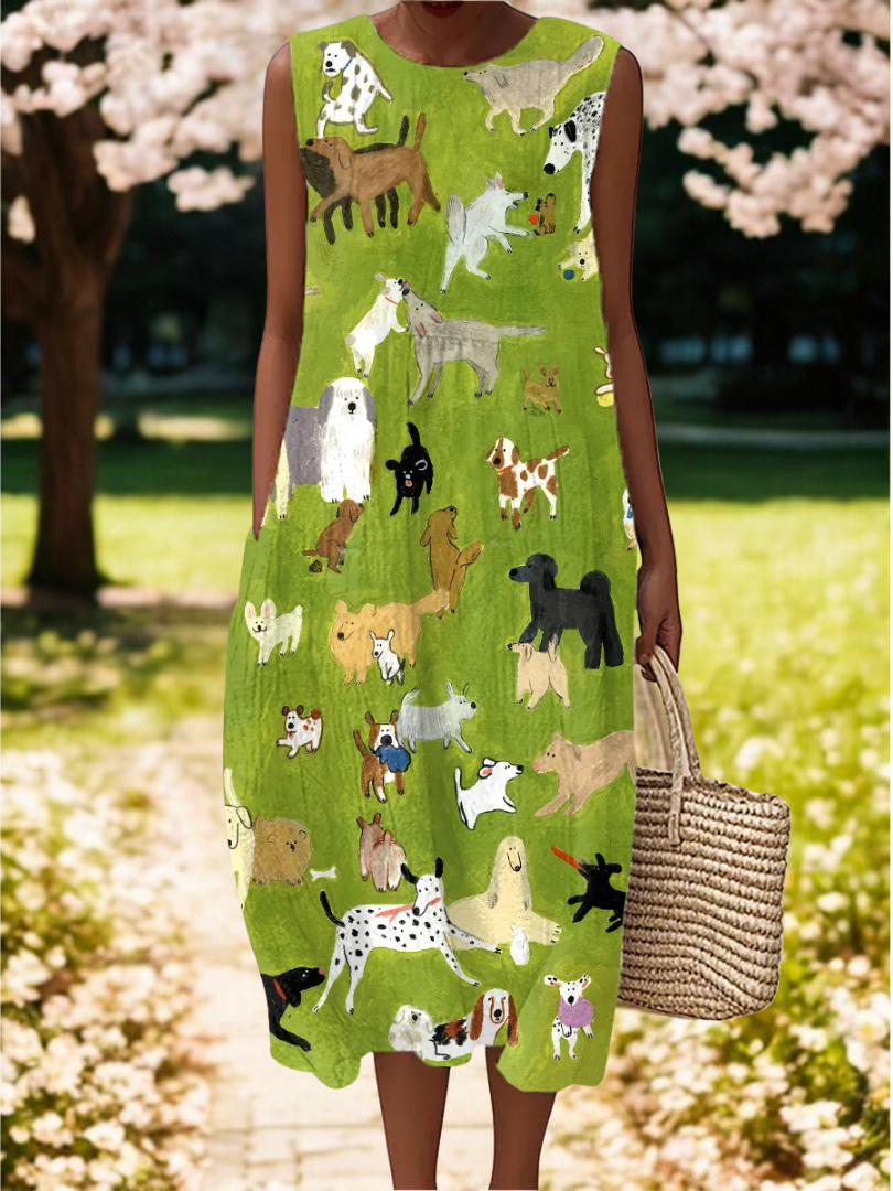 Isabella | Oil Painting Dog Print Midi Dress