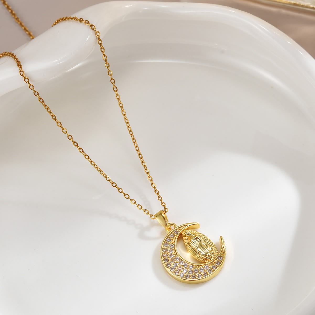 the Crescent Moon Our Lady of Guadalupe Maria Golden Necklace