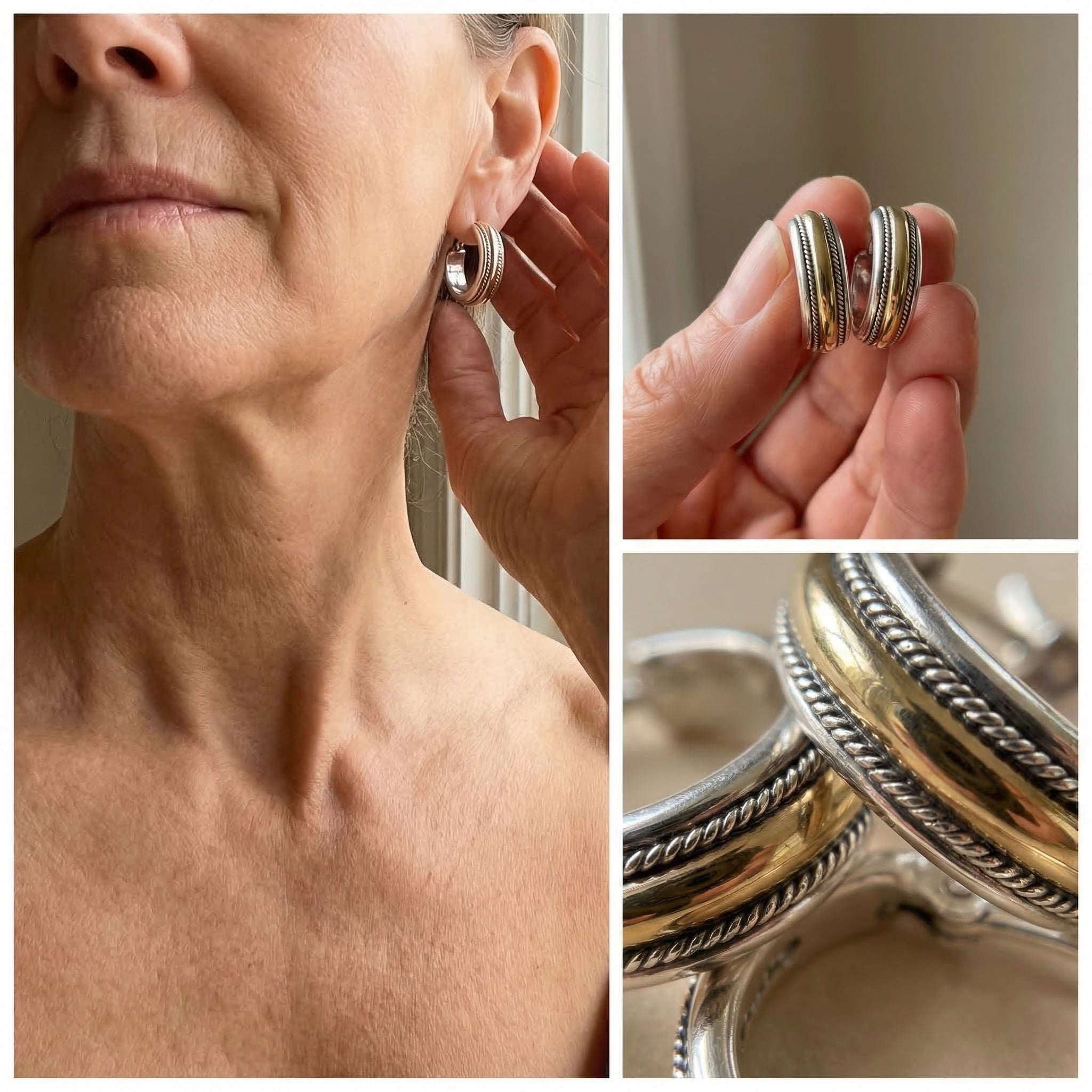 Vintage Golden Line Silver Hoop Earrings