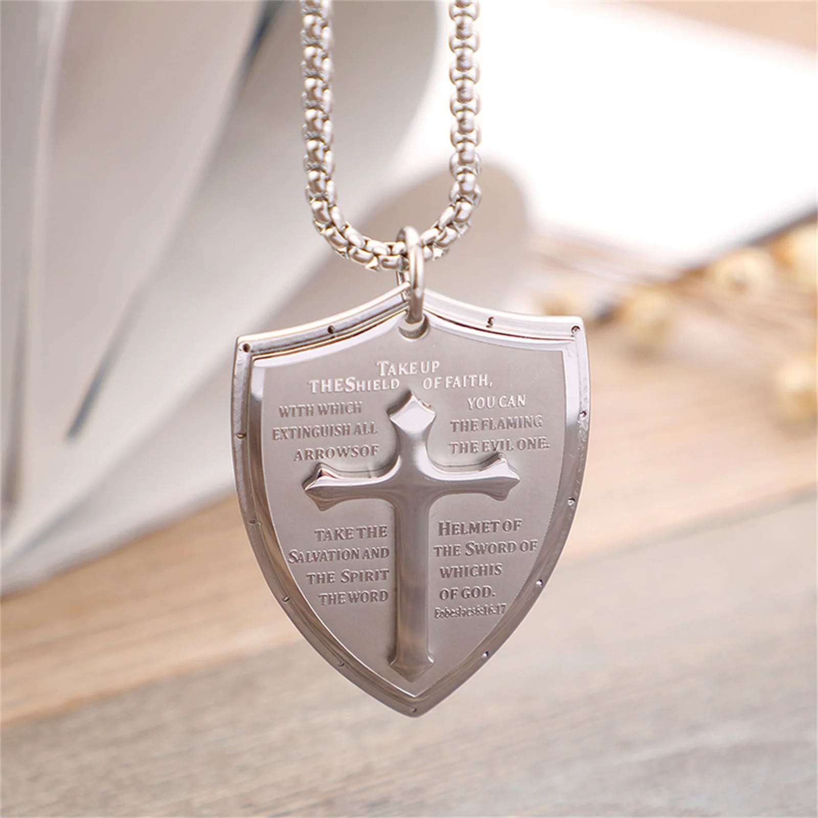 Stainless Steel Lords Prayer Cross Shield Pendant Necklace