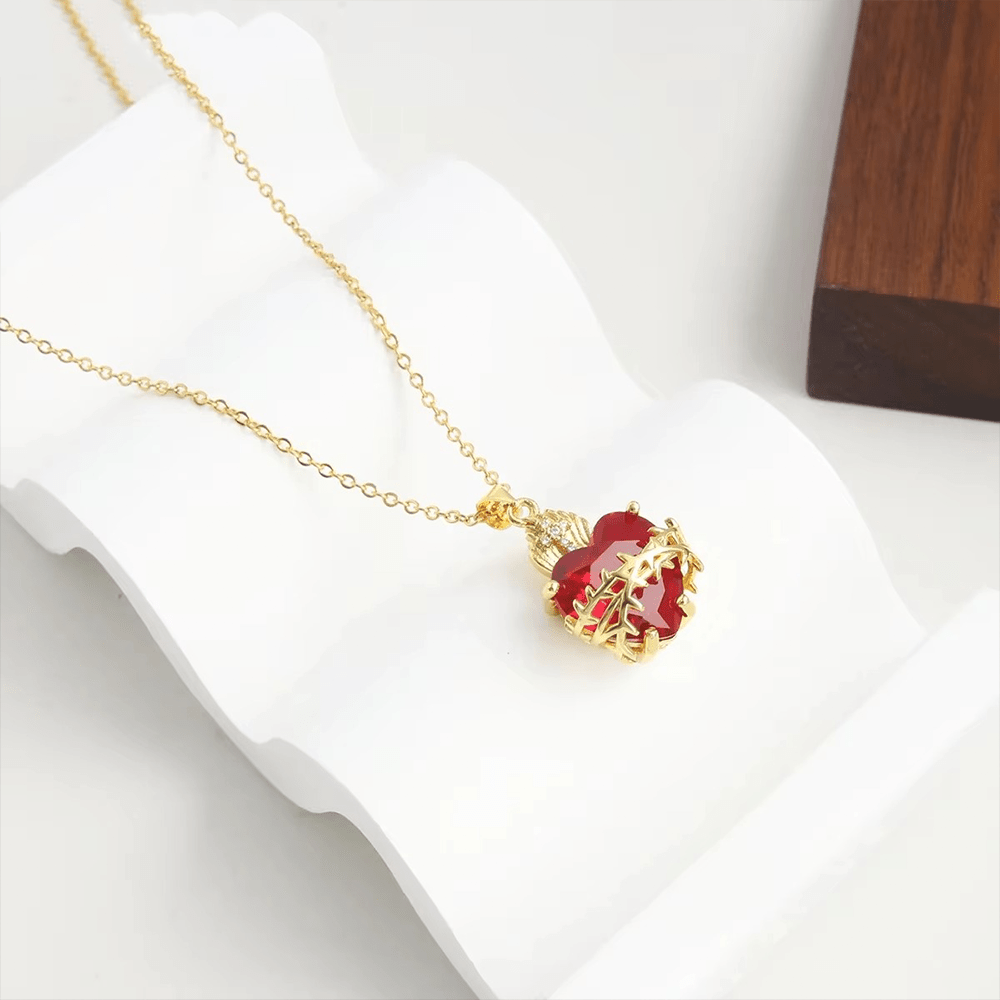 FAITH AS YOUR ARMOR: Red Gemstones Sacred Heart of Jesus Pendant Necklace