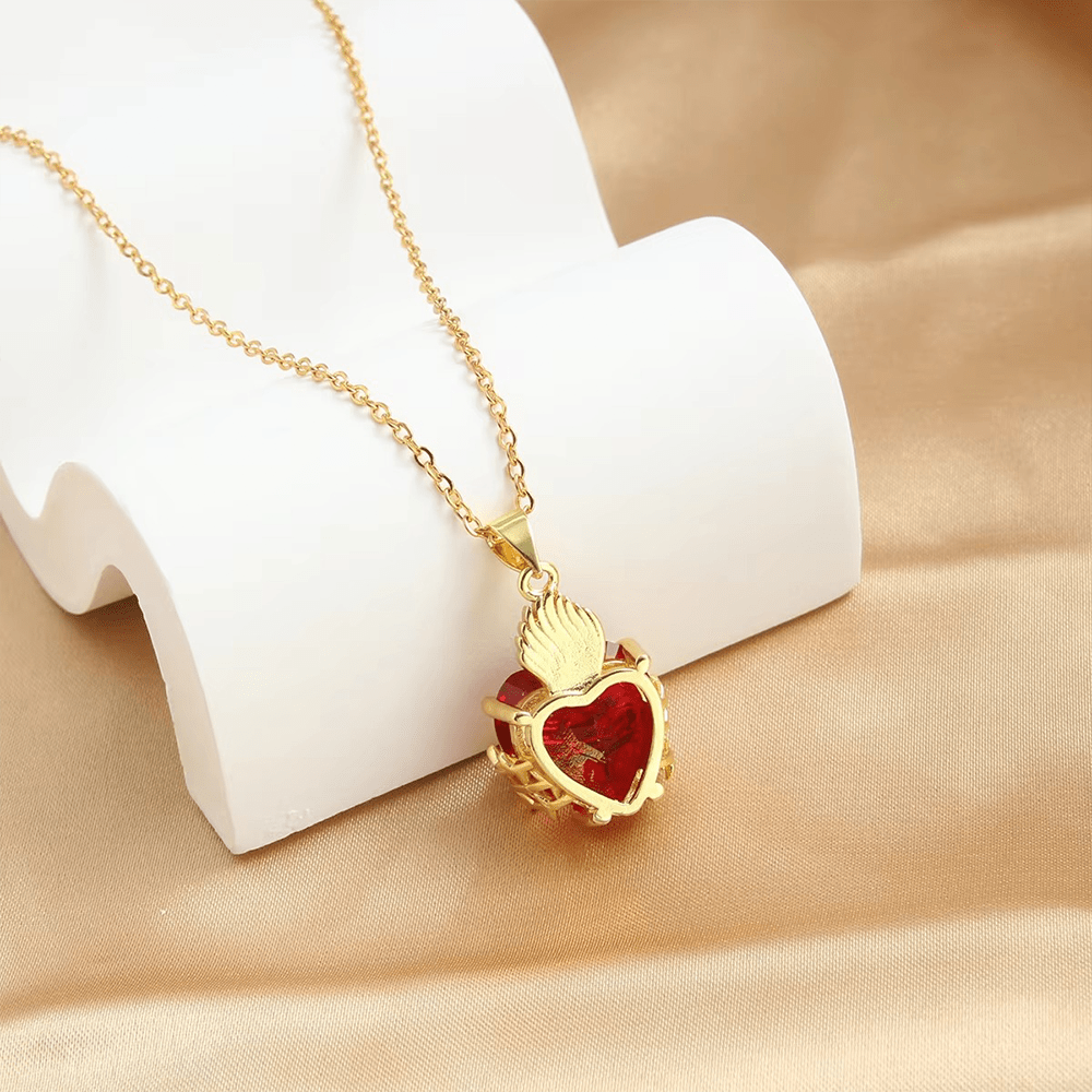 FAITH AS YOUR ARMOR: Red Gemstones Sacred Heart of Jesus Pendant Necklace
