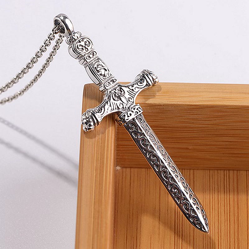 Vintage Sterling Silver Sword Cross Sacred Necklace with Medieval Etchings