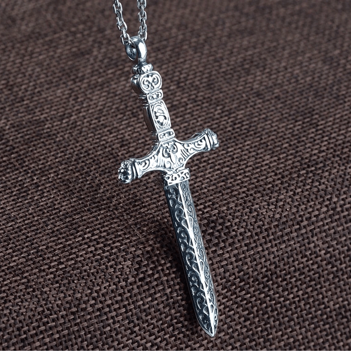 Vintage Sterling Silver Sword Cross Sacred Necklace with Medieval Etchings