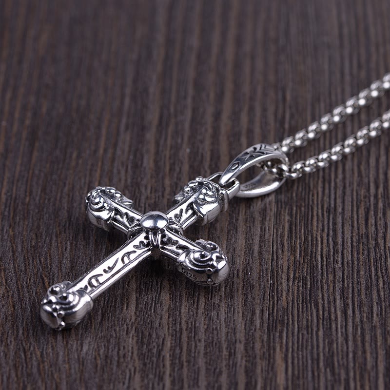 Thick Solid Sterling Silver Ornate Sword Cross Necklace with Gothic Scrolls