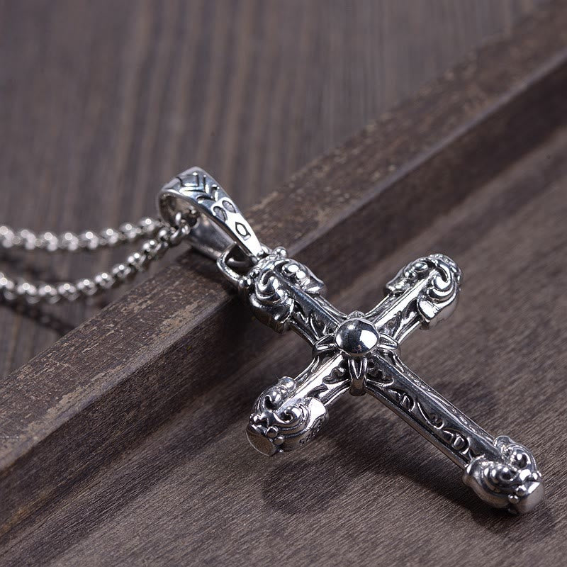 Thick Solid Sterling Silver Ornate Sword Cross Necklace with Gothic Scrolls