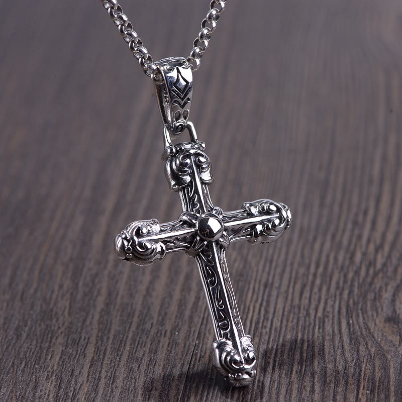 Thick Solid Sterling Silver Ornate Sword Cross Necklace with Gothic Scrolls