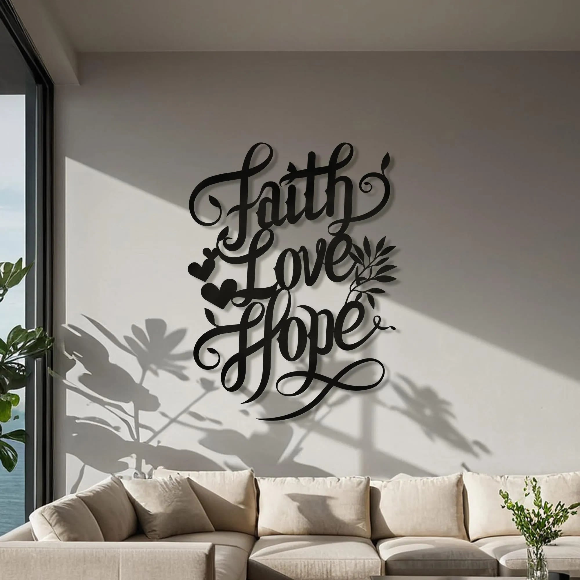 Christian Artwork Workshop Metal Wall Decor: Faith, Love, Hope Script with Heart and Leaf Accents