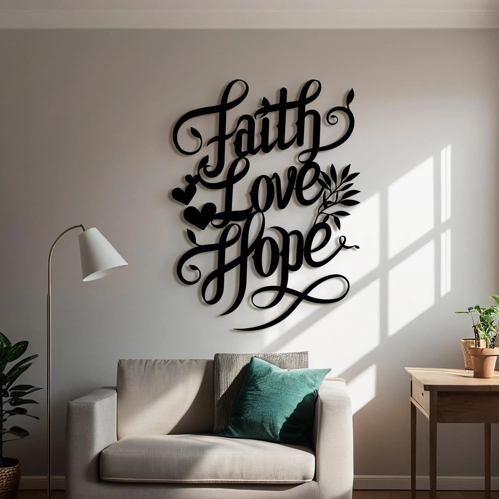 Christian Artwork Workshop Metal Wall Decor: Faith, Love, Hope Script with Heart and Leaf Accents