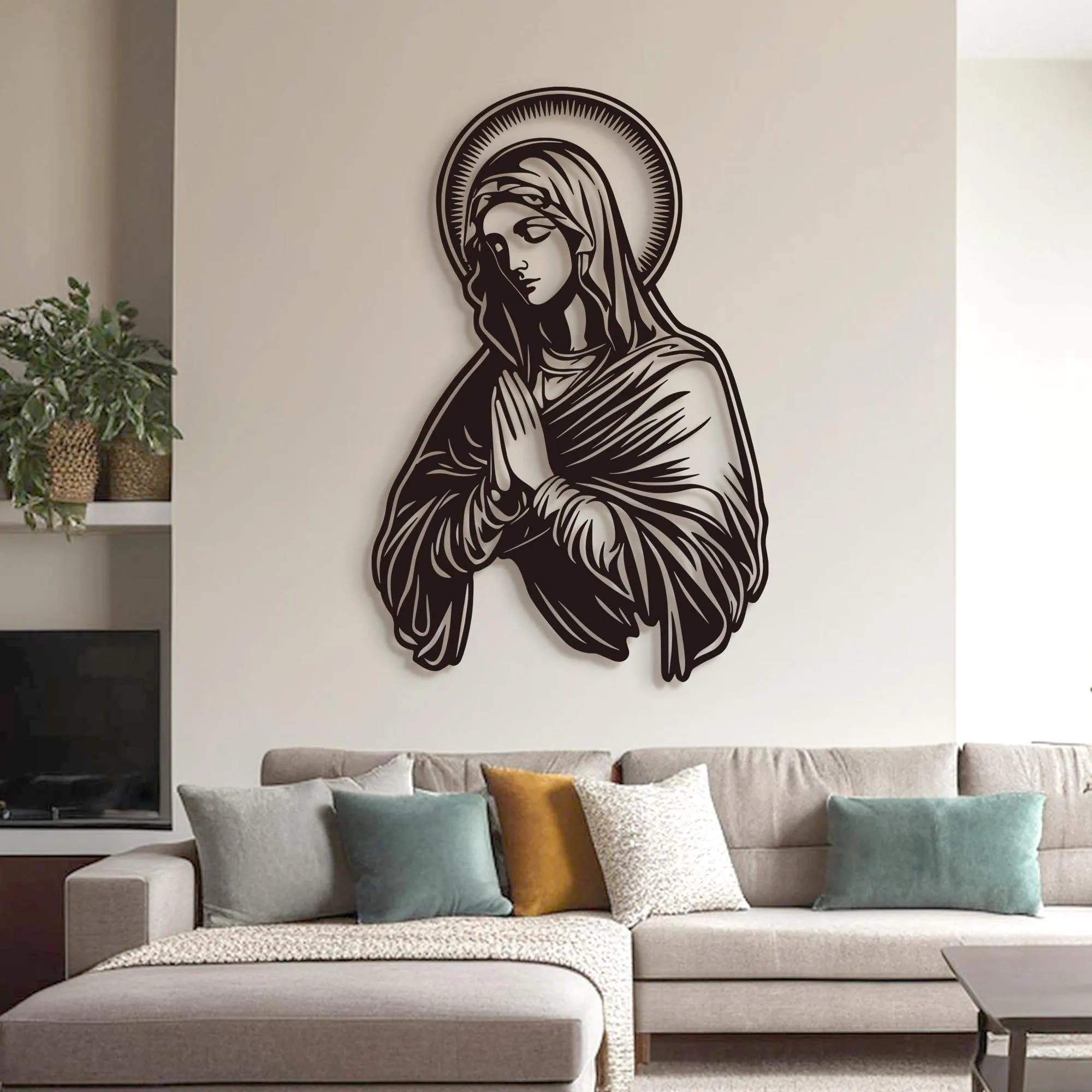 Christian Artwork Workshop Metal Wall Decor: Praying Virgin Mary with Halo for Religious Homes
