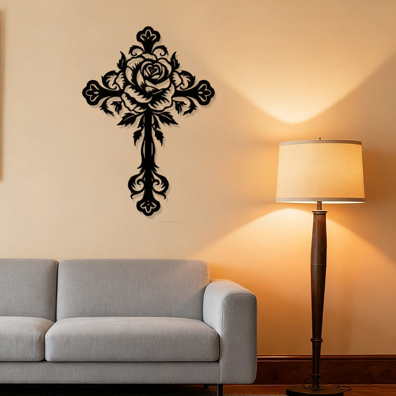 Christian Artwork Workshop Black Metal Wall Decor: Artistic Floral Rose Cross