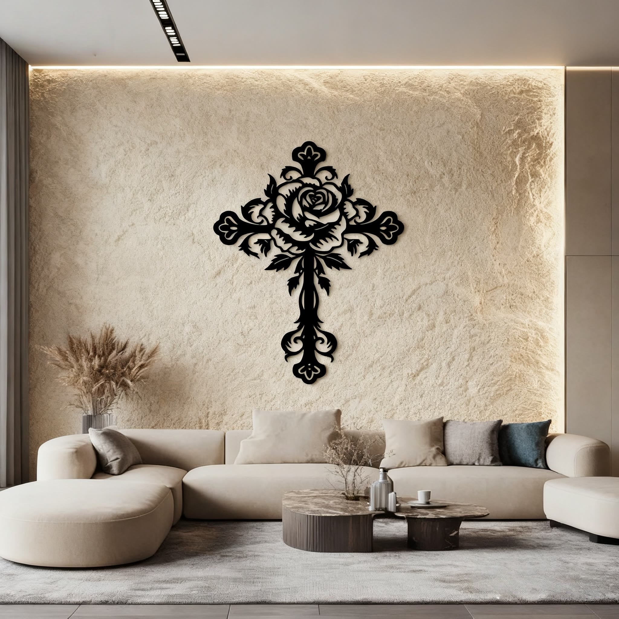 Christian Artwork Workshop Black Metal Wall Decor: Artistic Floral Rose Cross