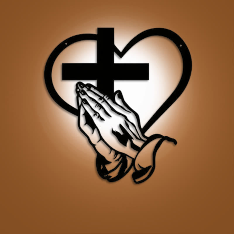 Christian Artwork Workshop Modern Black Metal Wall Decor: Spiritual Praying Hands with Heart and Cross