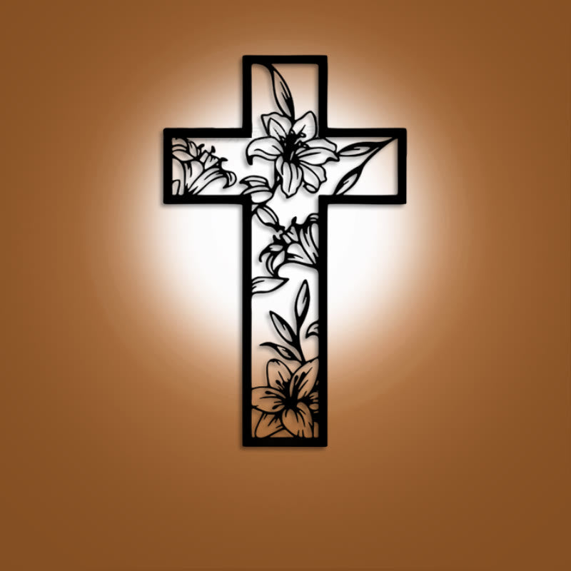 Christian Artwork Workshop Classic Lily Floral Cross Black Metal Wall Art