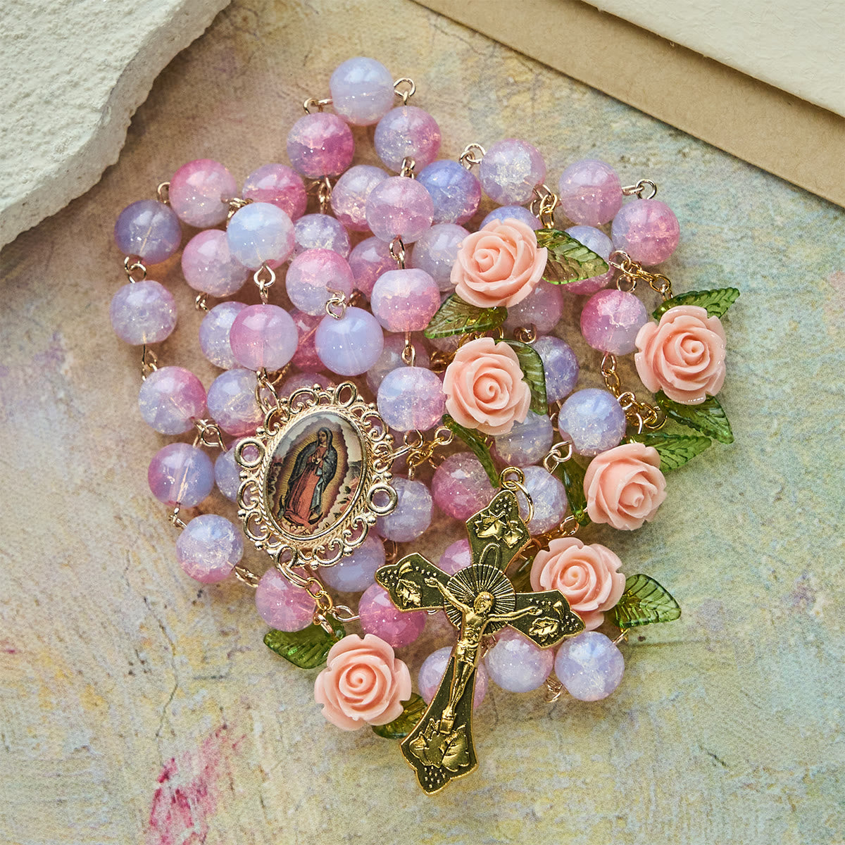 Virgin Mary Rosary with Floral Accents