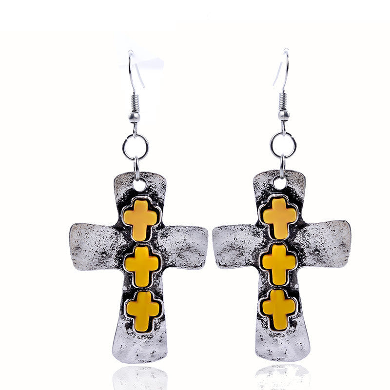 Textured Three-Cross Earrings with Stone Inlays: A Symbol of Faith and Protection
