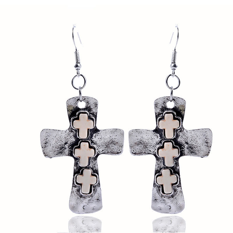Textured Three-Cross Earrings with Stone Inlays: A Symbol of Faith and Protection