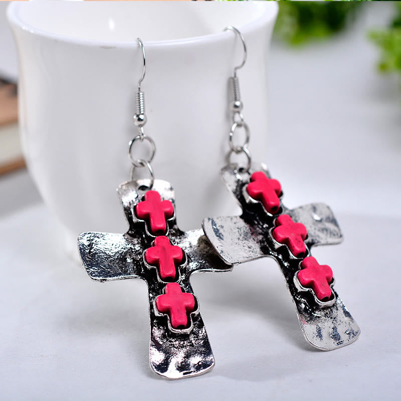 Textured Three-Cross Earrings with Stone Inlays: A Symbol of Faith and Protection