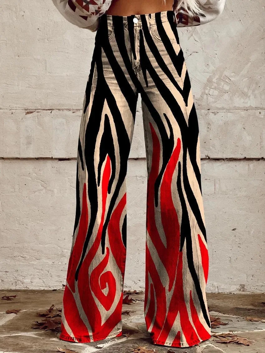Plus Size Women Wide Leg Pants Faux Denim 3D Printed Flared Trousers Stretch Casual High Waist Fashion Yoga Pants