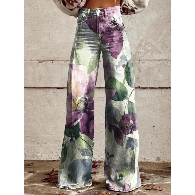 Plus Size Women Wide Leg Pants Faux Denim 3D Printed Flared Trousers Stretch Casual High Waist Fashion Yoga Pants