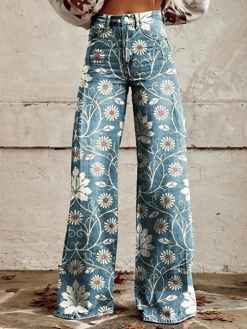 Plus Size Women Wide Leg Pants Faux Denim 3D Printed Flared Trousers Stretch Casual High Waist Fashion Yoga Pants