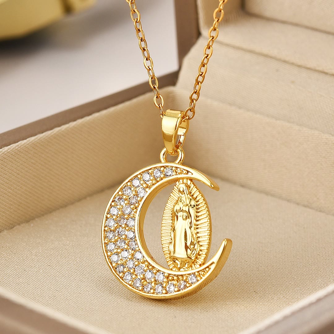 the Crescent Moon Our Lady of Guadalupe Maria Golden Necklace