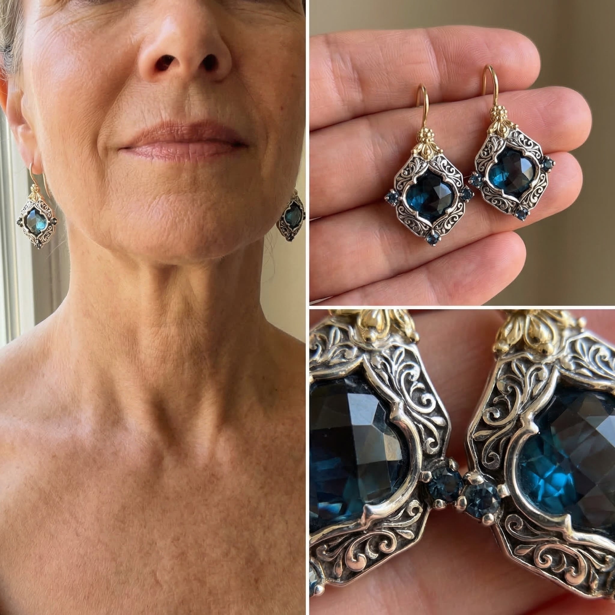 Vintage Blue Crystal Gold & Silver Earrings