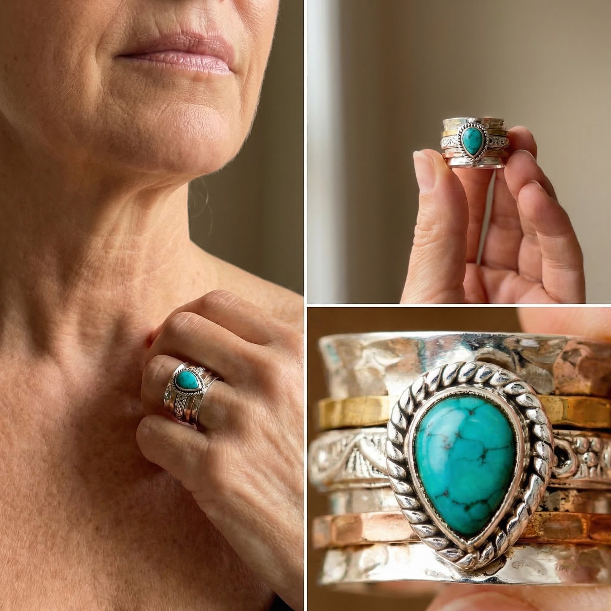 Vintage Turquoise Inlaid Stone Gold & Silver Ring